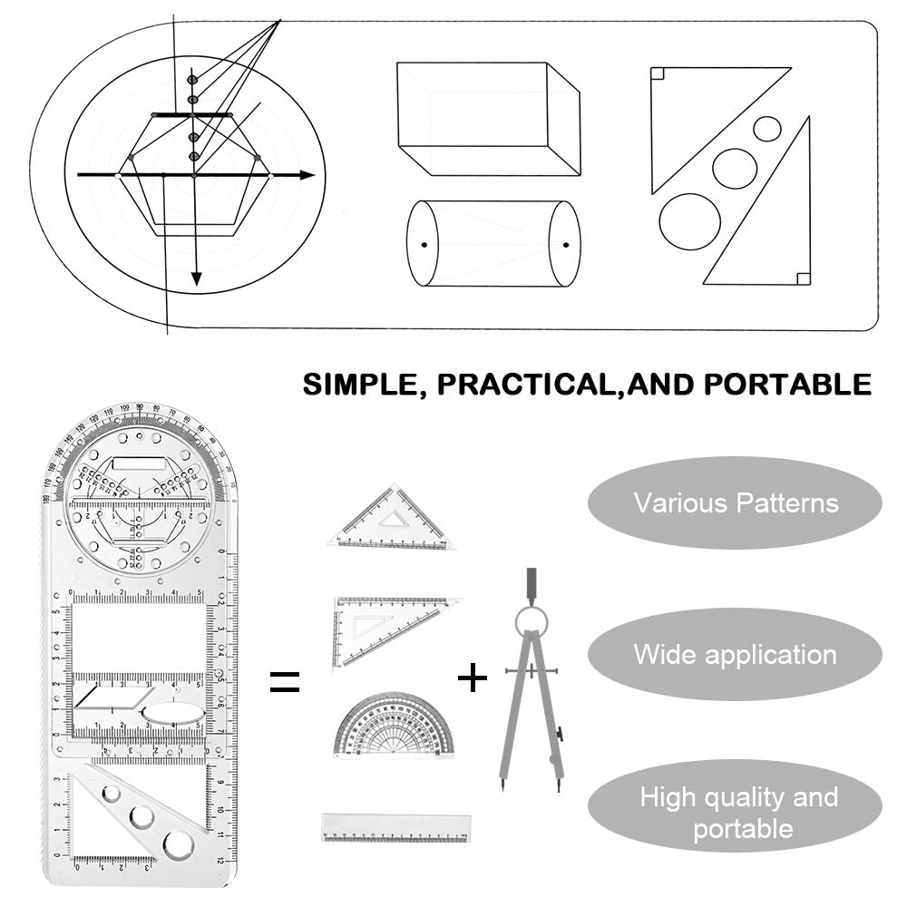 Vicloon 2Pcs Righelli Geometrici Multifunzionali con Matita, Stencil da Disegno Geometrico per Scuola e Ufficio
