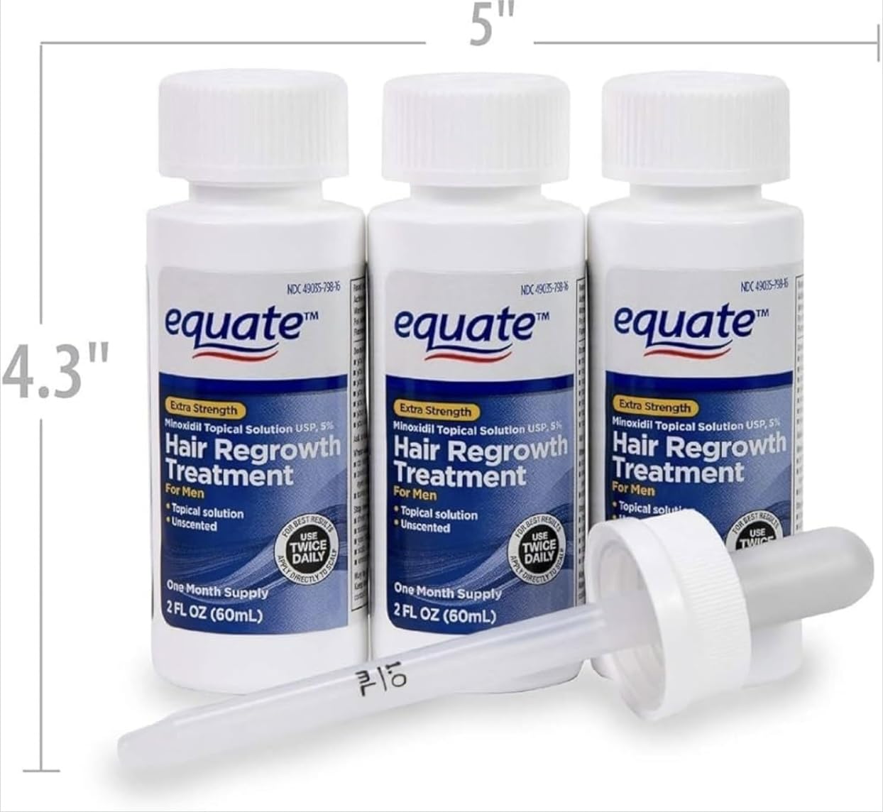 Equate Hair Regrowth Treatment for Men, Extra Strength, 3 Month Supply, 2 oz Bottles, 3 Count - Effective Thinning Hair Solution, Minoxidil 5%.