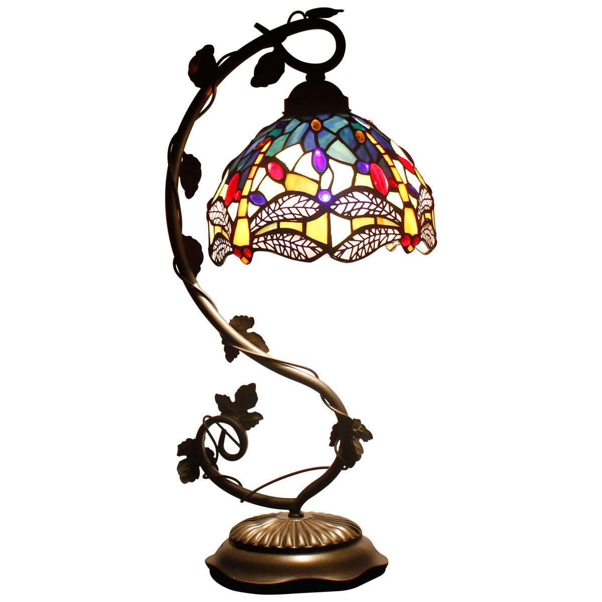 WERFACTORY Tiffany Lamp Stained Glass Table Lamp Blue Yellow Dragonfly Style Desk Light Metal Leaf Base 8X10X21 Inches Decor Small Space Bedroom Home Office S128 Series