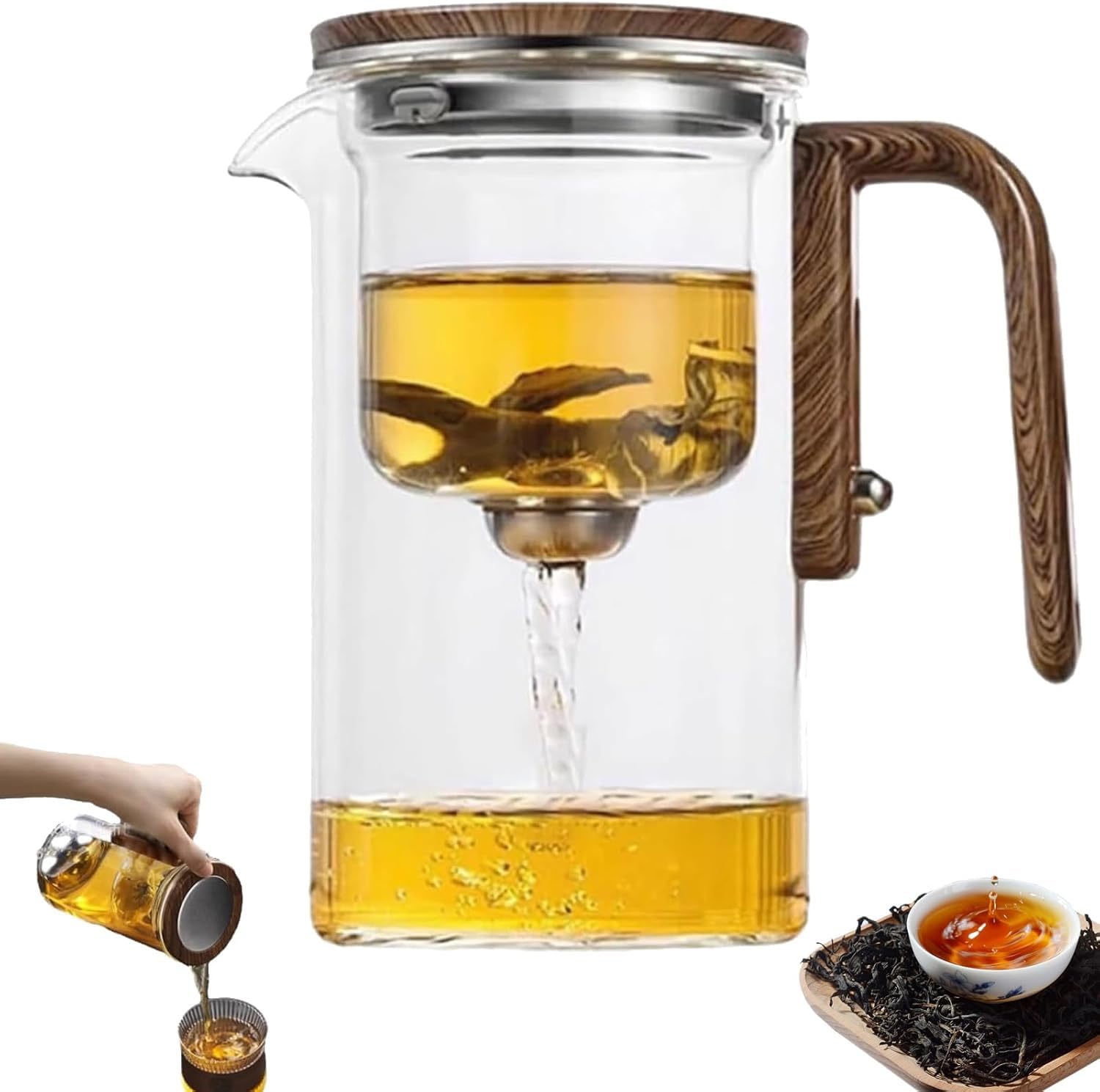 Water Separation Glass Teapot with Wooden Handle, Magical Teapot Glass, Witchcraft Teapot with Strainer, Enchantipot Magic Teapot, Filter Teapot with Dual Infusers, Magic Tea Pot (700ml)