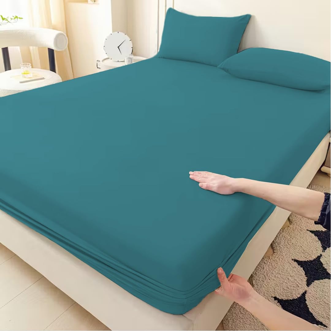ZIYA HOMES Fitted Sheet 2 pack - 25cm Deep Pockets Bedsheets premium Quailty Poly Cotton Breathable sheet, Fade Resistant Easy Care Bed Sheet, Hotel Quailty Bedsheet (Aqua, Double)