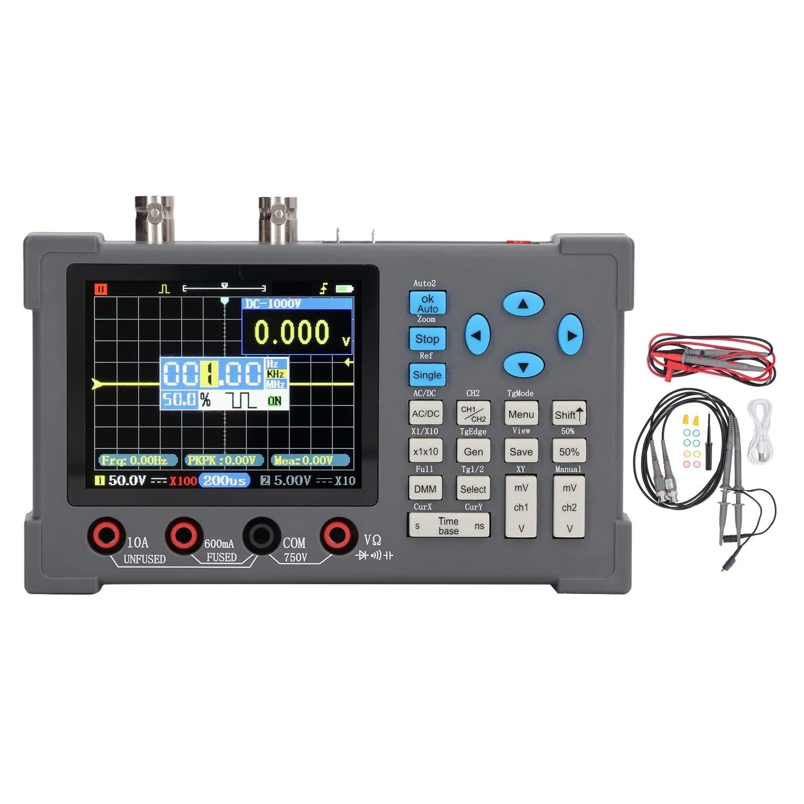 Generador de señal multímetro de osciloscopio digital portátil 3 en 1, ancho de banda de 120 MHz 250 MSa/s de 2 canales con pantalla IPS de 3,2"