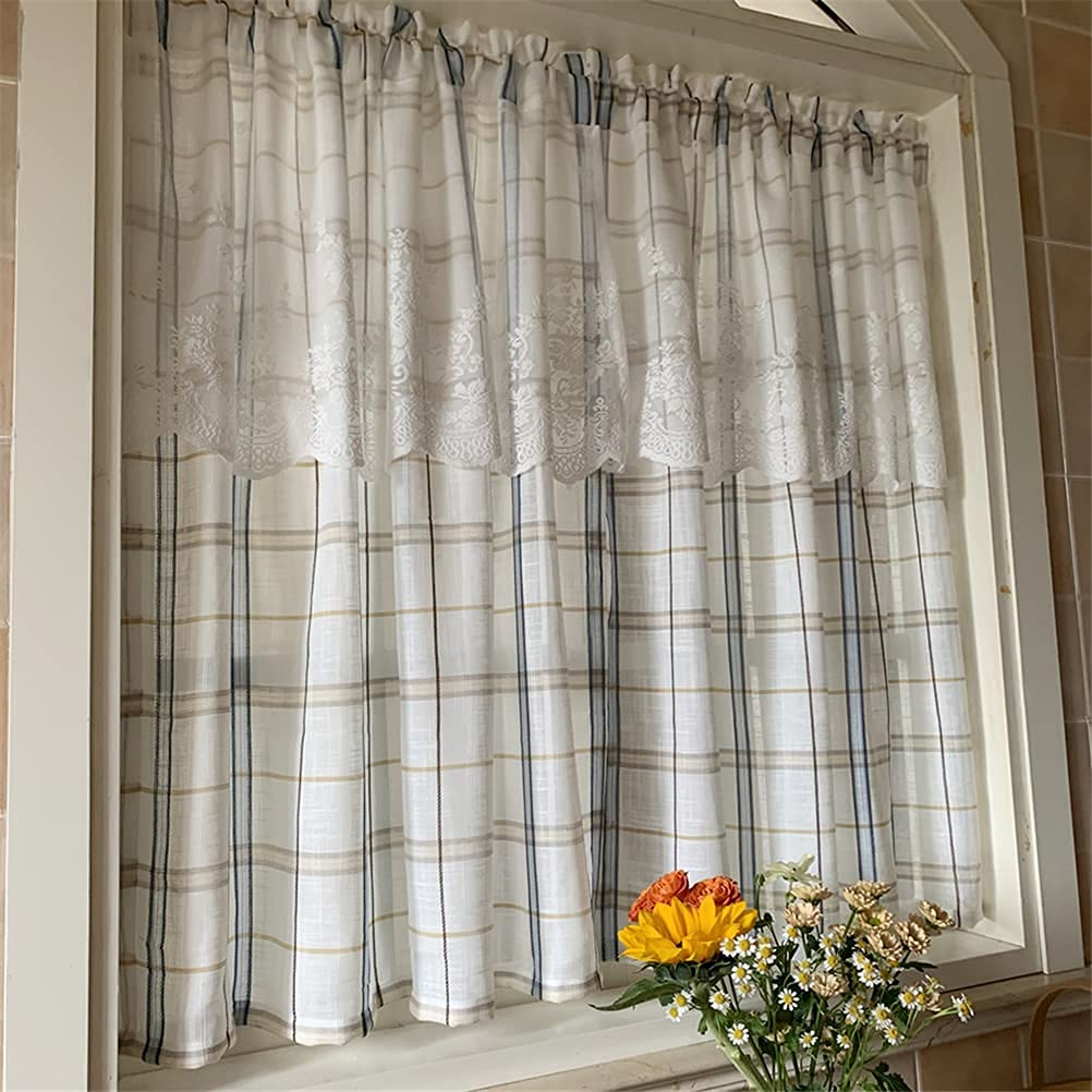 NMDCDH Rideaux Courts pour Cuisine, Lin Artificiel Texturé Voile Fenêtre Cantonnière Panneau Damier Plaid Demi-Fenêtres Rideaux Tier Rideaux pour Étude Balcon Salle de Bains 2pcs, L x H 1