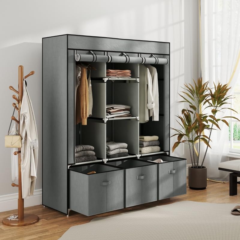 I0I&I0I Kleiderschrank Stoffschrank Faltschrank mit Reißverschluss & Kleiderstange, 3 Schubladen & 5 Ablagen, Faltbarer Garderobenschrank 125x43x162,5 cm für Schlafzimmer & Ankleidezimmer (Hellgrau)