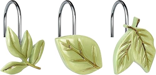 Ganchos decorativos para cortina de ducha con hojas de plantas verdes, anillos de cortina de ducha con hojas de árbol botánico tropical para baño,