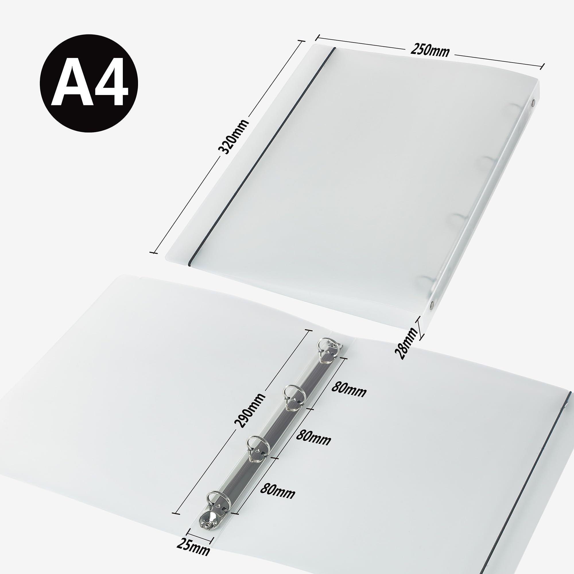 Przezroczysty segregator A4 z tworzywa sztucznego, 4-pierścieniowy mechanizm ze stali, 250 x 320 x 28 mm – wytrzymały segregator pierścieniowy do biura, szkoły i studia, zawartość natychmiast widoczna