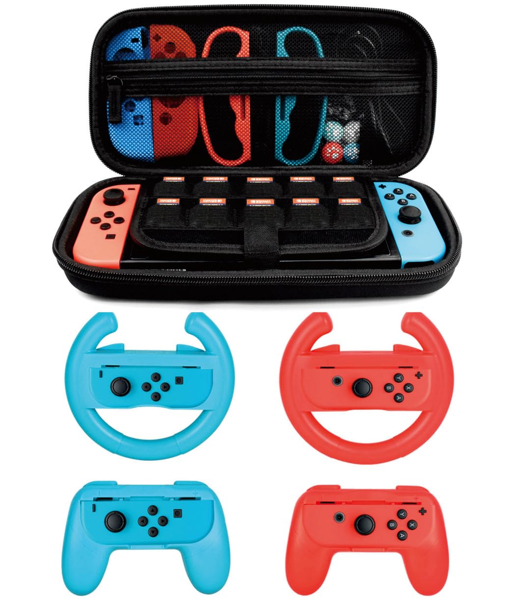 Kit de accesorios para Nintendo Switch Games Starter, 2 volantes, 2 agarraderas, 1 funda de transporte de viaje (5 en 1 rojo/azul)
