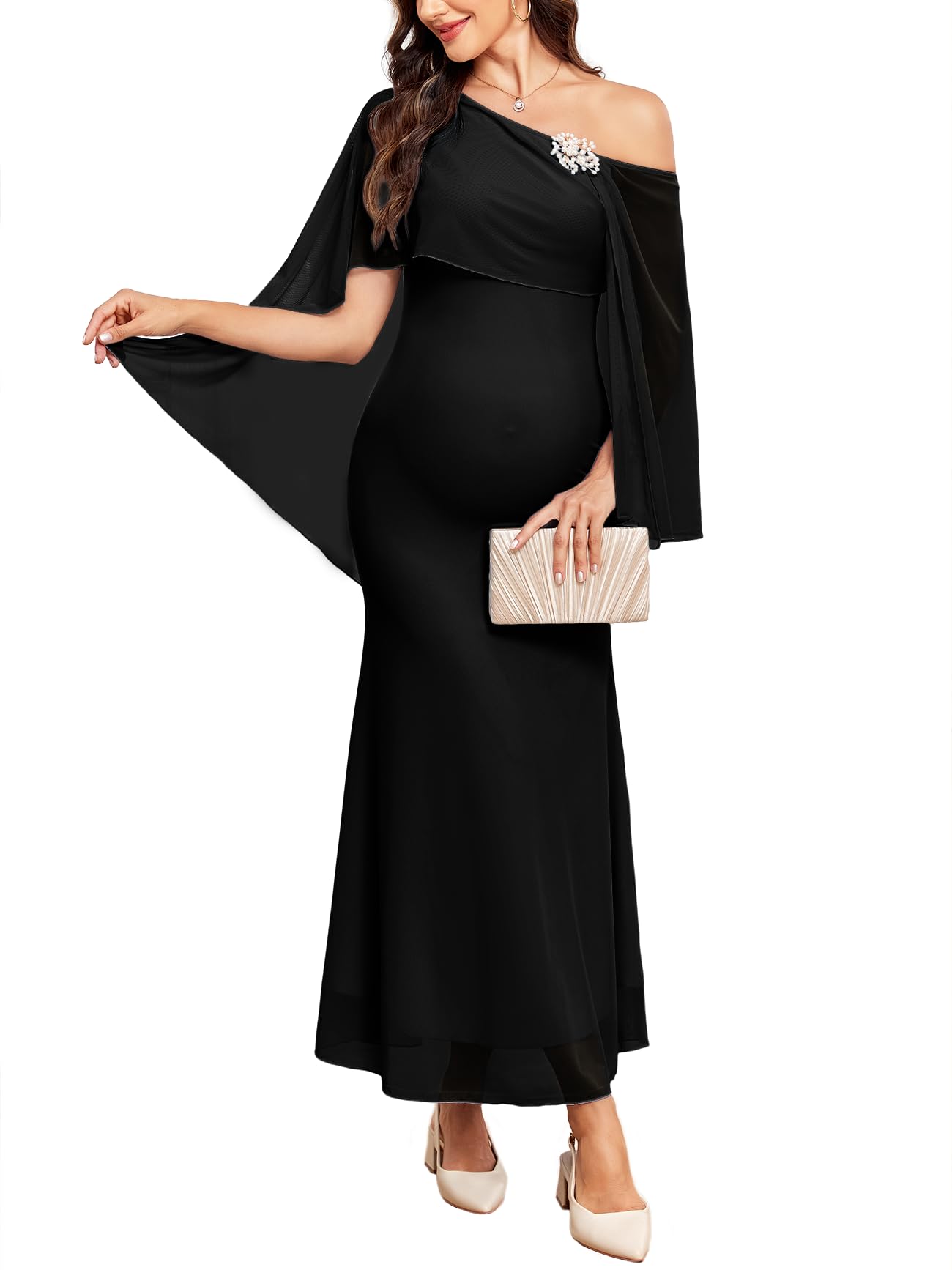 AISWI Cape Maternity Mesh Dress One Shoulder Maxi Mermaid Pregnancy Dress with Brooch Formal Baby Shower Photoshoot