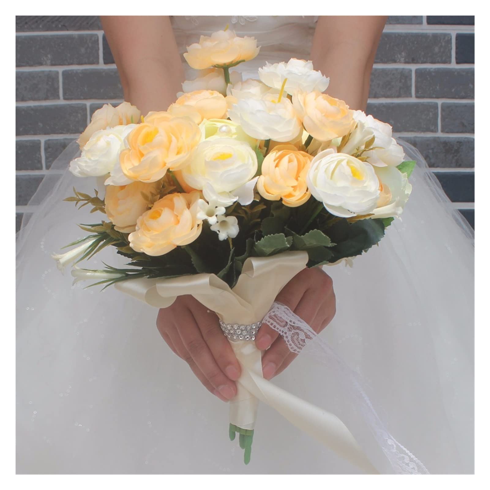 Abricot Fleurs artificielles Bouquet de mariée Bouquet Rose Pearls Plastic Bouquet 2Color (Color : 22cm Apricot)