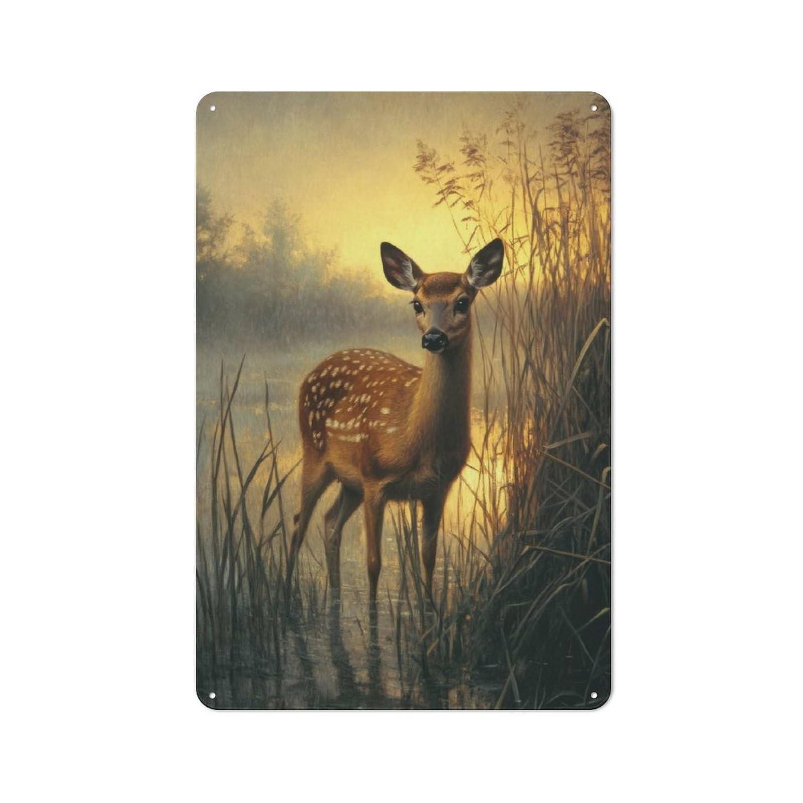 Junmoney Fawn In Golden Light Tin Wall Plaque 30X20cm With For Living Room Or Hallway, For Garage, Workshop And Man Cave Decoration