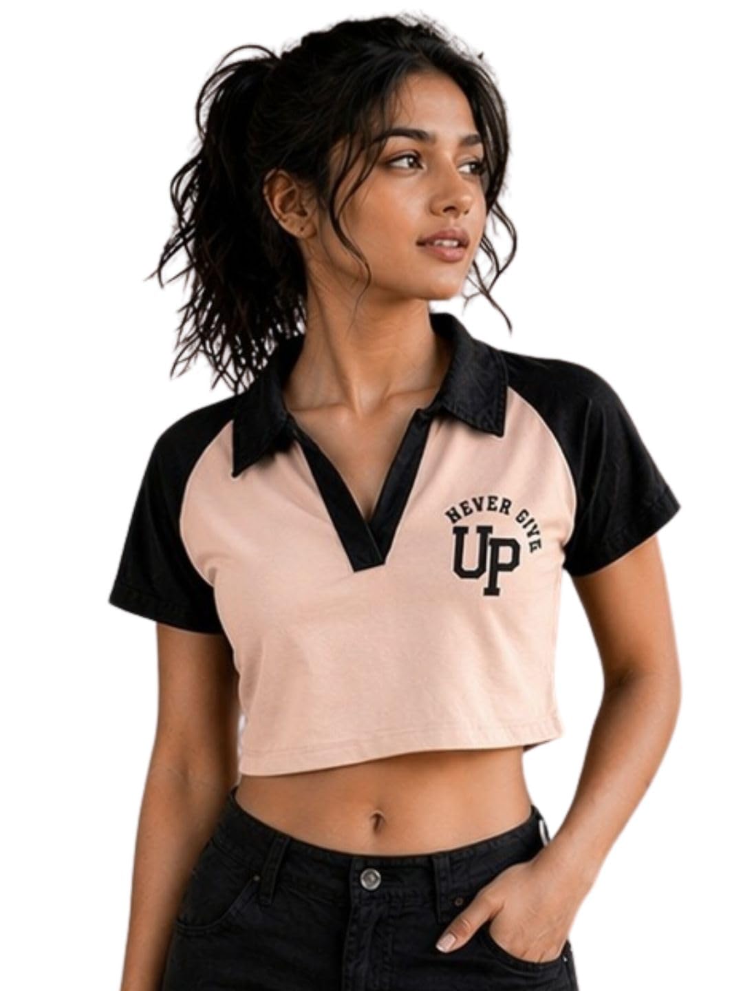 Women Peach Black Crop Polo T Shirt Stylish Casual Slim Fit Collar Top Trendy-picture-36