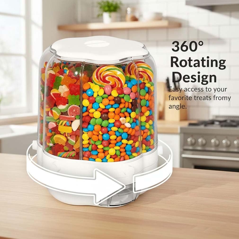 Candy Dispenser 360° Rotating with 6 Compartments, 6 Fach Drehbarer Getreidespender, 360° Drehbar Müslispender, Müslibehälter Vorratsbehälter Reisspender für Reis Trockenfutter Getreide Nüsse (M)