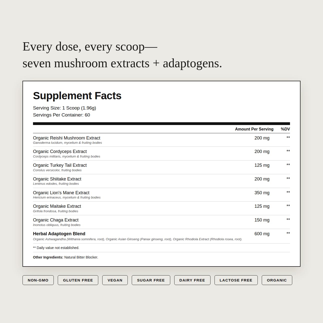 Daily Mushrooms+ Organic Mushroom Powder | 7 Fruiting Body Extracts + Adaptogens | Lion's Mane, Reishi, Cordyceps, Chaga | 60 Servings — Amazon image 3