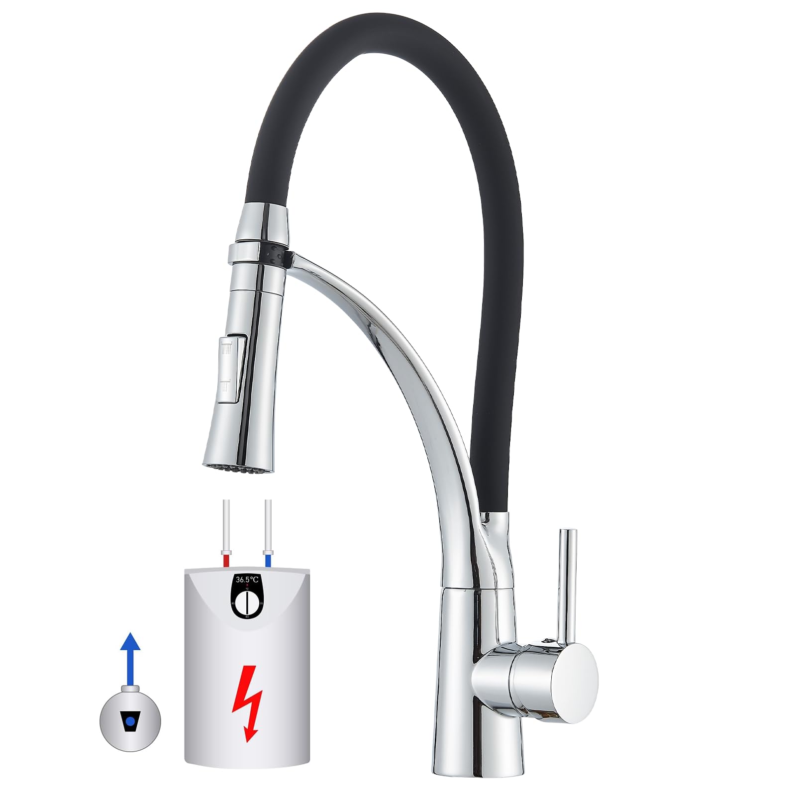Niederdruck Armatur Küche Spültischarmatur Chrom Flexibler Schwarz 360° Drehbare mit 2 Sprühfunktionen mit Wasserspar Aerator Mischbatterie