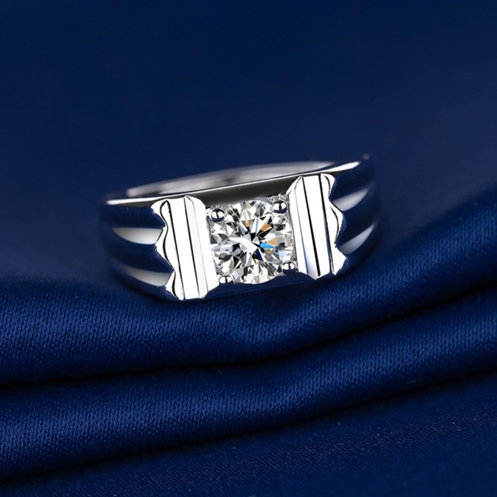 Pierścionek zaręczynowy mężczyźni białe złoto obrączka ślubna kobiety 18K diament laboratoryjny elegancki wzór fala 4 bolce okrągłe 1 ct cyrkonia rozmiar N 1/2 moda dla dziadka biżuteria ślubna