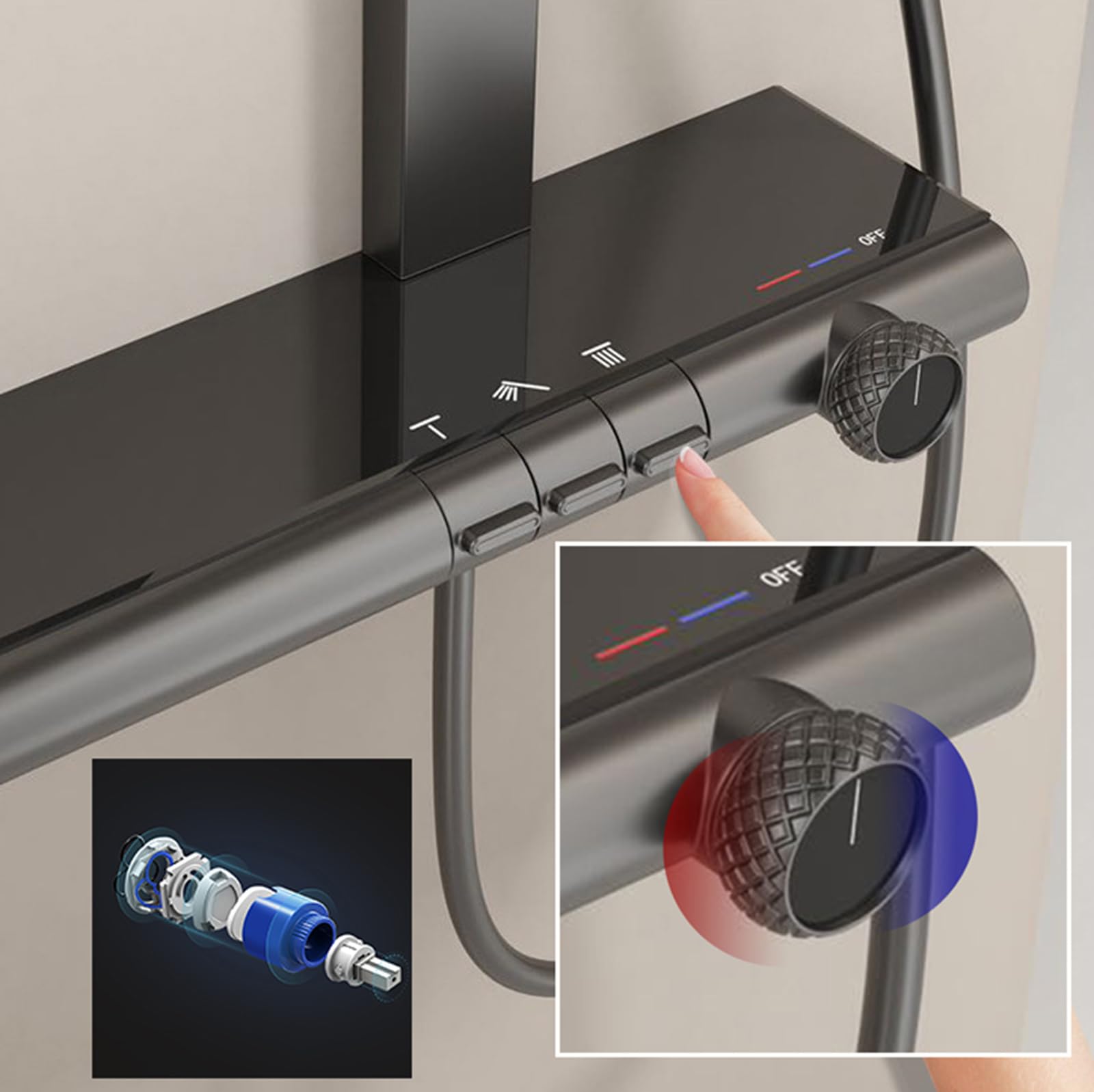 Set di soffione doccia quadrato di alta qualità con tubo flessibile da 3 m regolabile per vasca da bagno calda e fredda in ottone con finitura grigia per un'esperienza di bagno simile a una spa