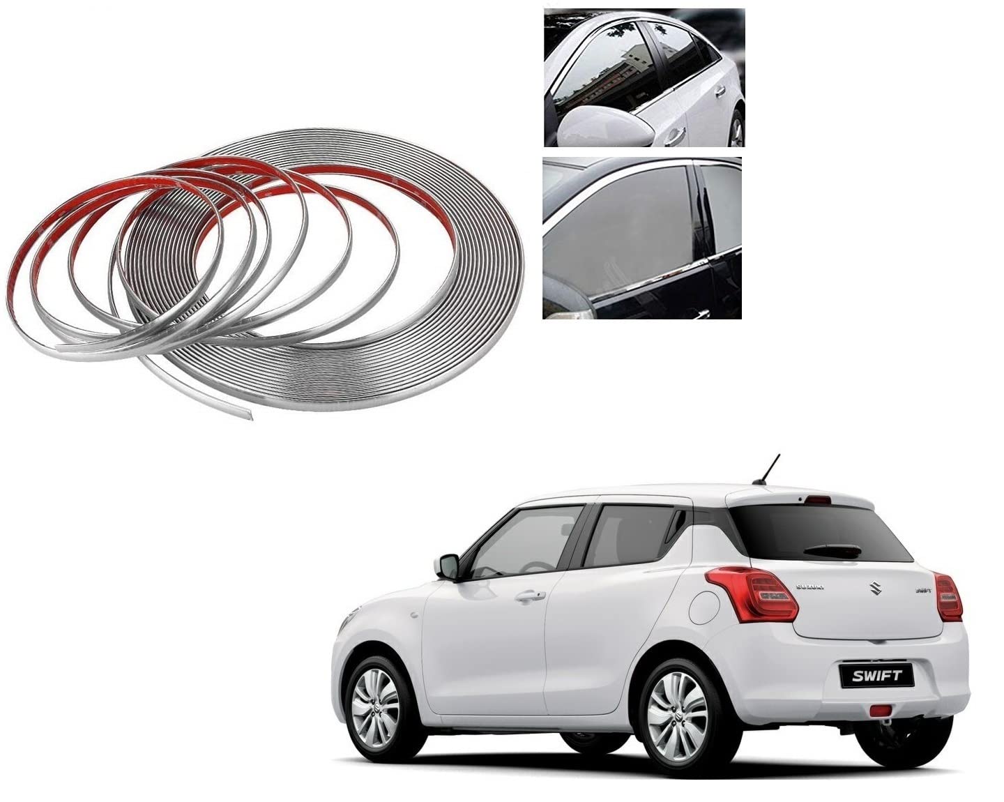 Auto Addict Car Side Window Door Beading Roll 10MM Silver Chrome Strip 20 Metres for Maruti Suzuki New Swift (2018-Present)