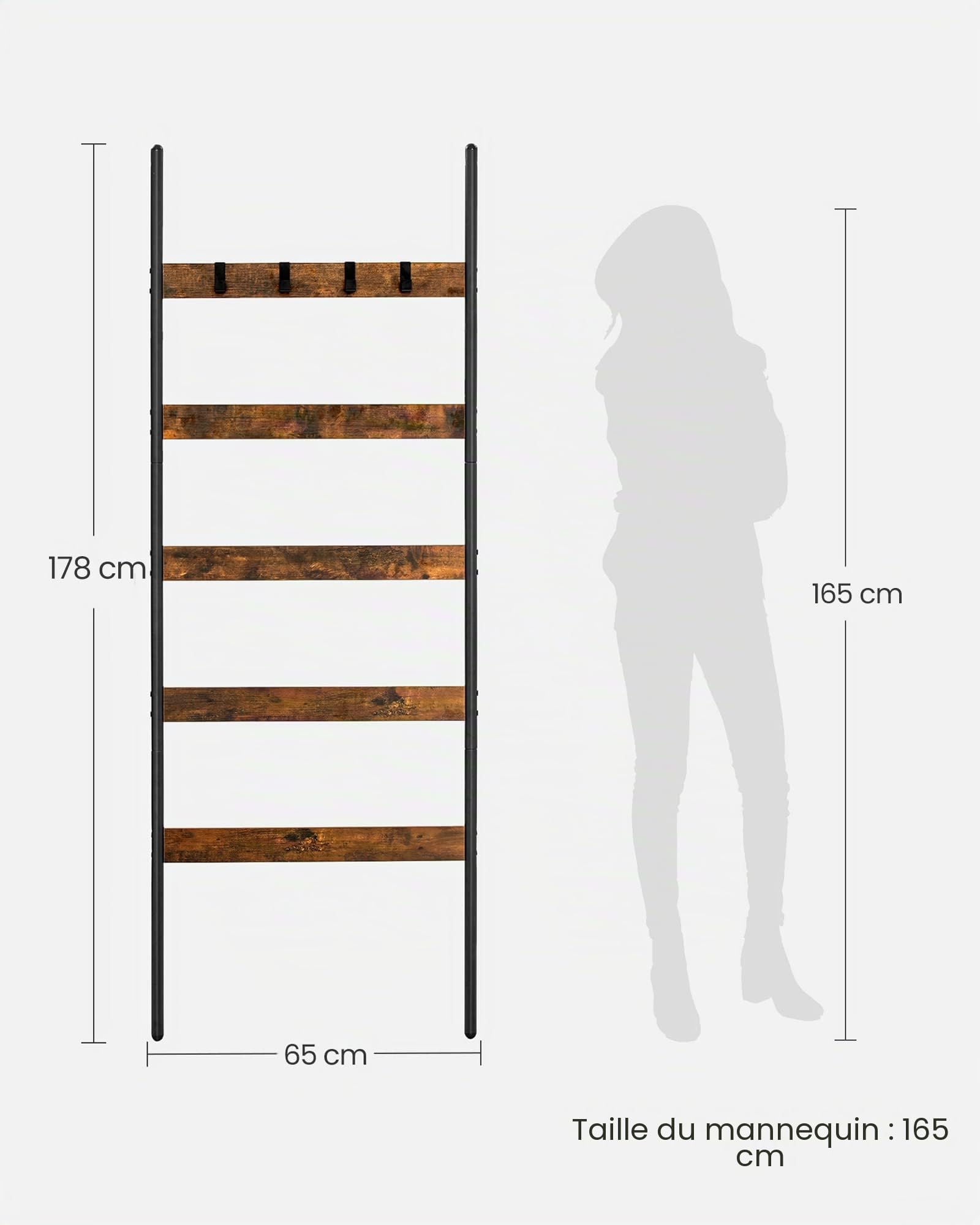 VASAGLE Étagère échelle inclinée, Porte-Serviettes, 5 Niveaux, Largeur 65 cm, Cadre en Acier, pour couvertures, Serviettes, Foulards, Style Industriel, Marron Rustique et Noir LLS011B01