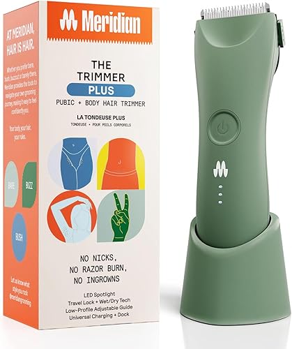 MERIDIAN Trimmer Plus - Recortadora de cabello corporal, protector ajustable, carga USB C, luz flash, bloqueo de viaje, base de carga, recortadora