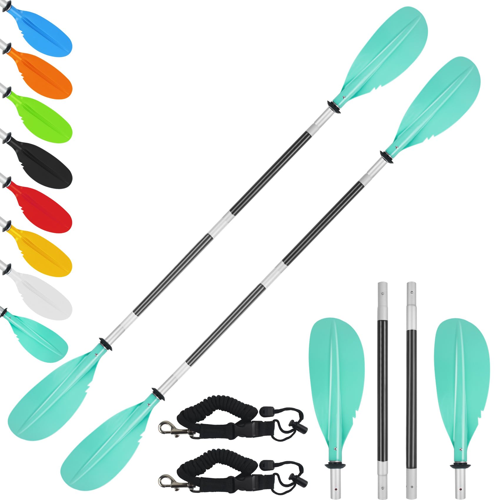 VEITHI 2 Pack Kayak Paddle,88in 4 Pieces Boat Oars Kayak Paddles,Heavy Duty Aluminum Alloy Shaft Float Lightweight Detachable Adjustable Fishing Kayak Paddle for Adults with Paddle Leash(Mint Green)
