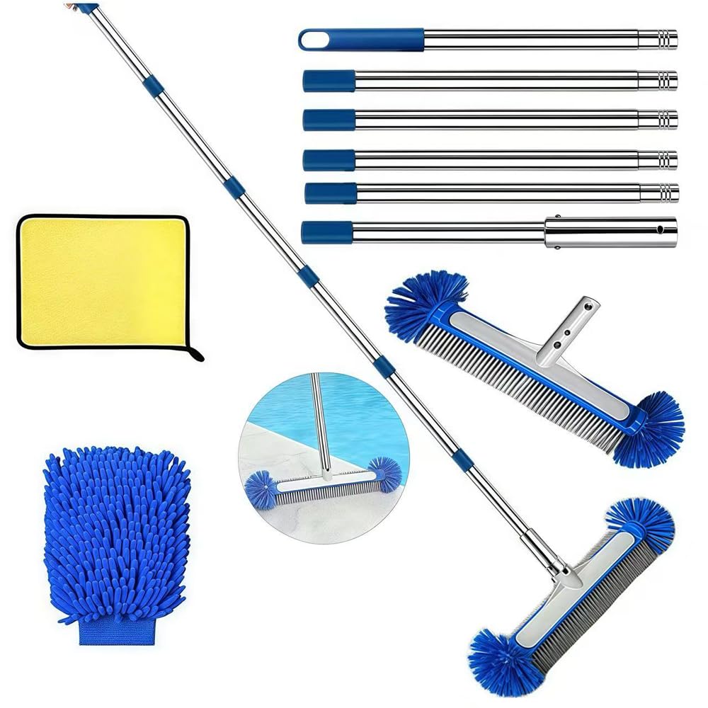 Poolbürste mit Stiel, Pool Reinigungsbürste 45cm,Poolbesen mit Längenverstellbarer Aluminiumstange und verstärkter Aluminium Rückseite,Pool Bürsten Set für Pool Reinigung