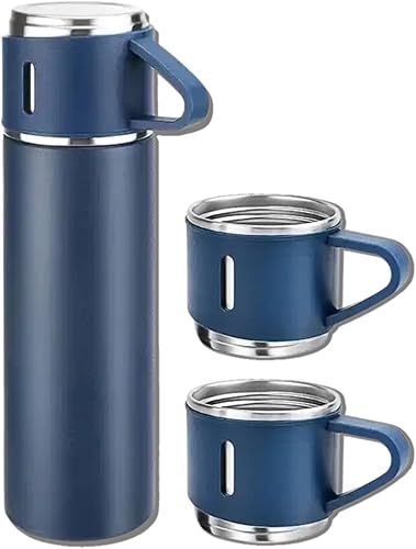 Blue Vacuum Flask Set Botella de agua aislada con 3 tazas de regalo, botella térmica de agua para bebidas frías y calientes, botellas de agua