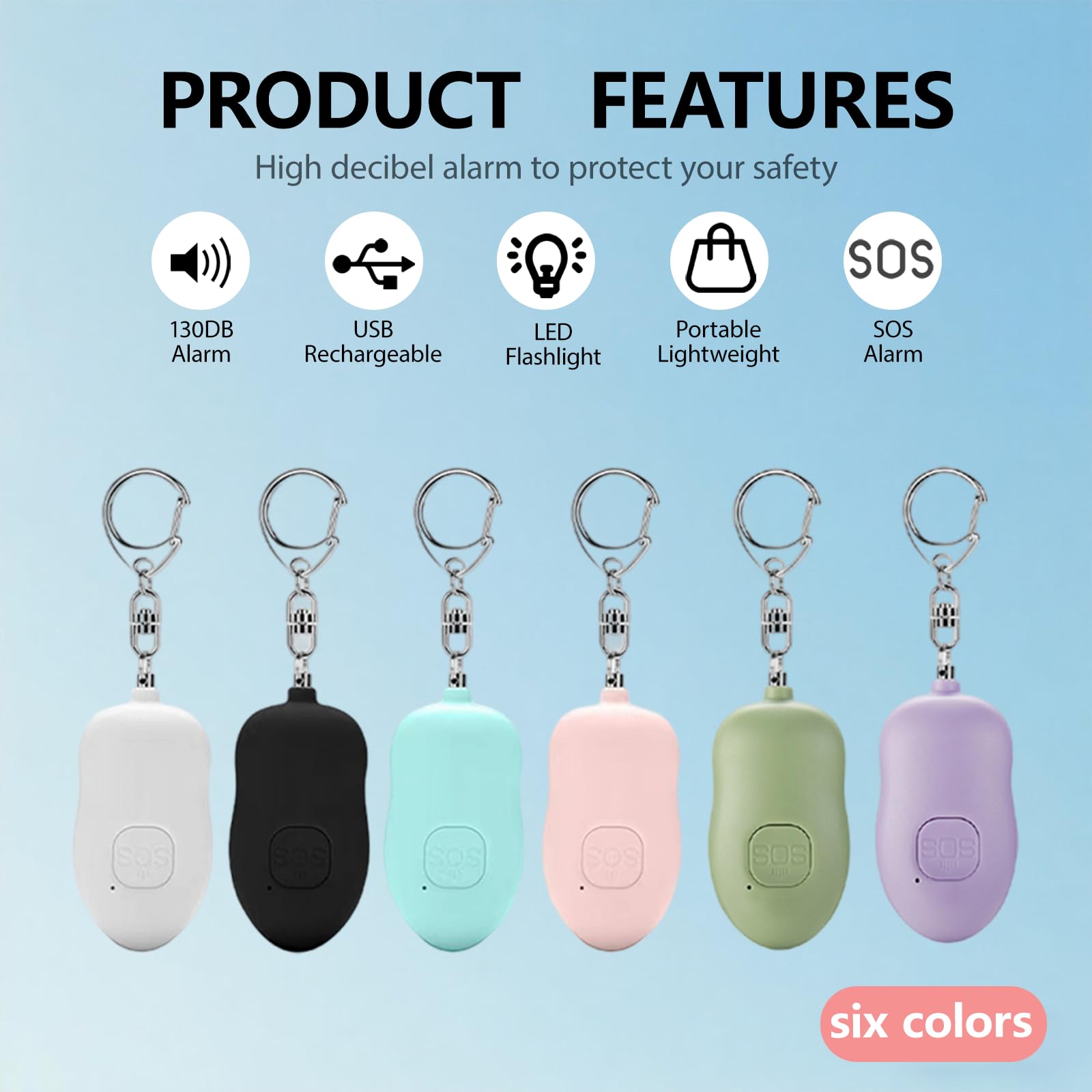 Alarma personal recargable de 130 dB, paquete de 2 alarmas de seguridad SOS con carga USB tipo C, luz LED para mujeres y ancianos, llavero de sirena de seguridad, alarma de autodefensa