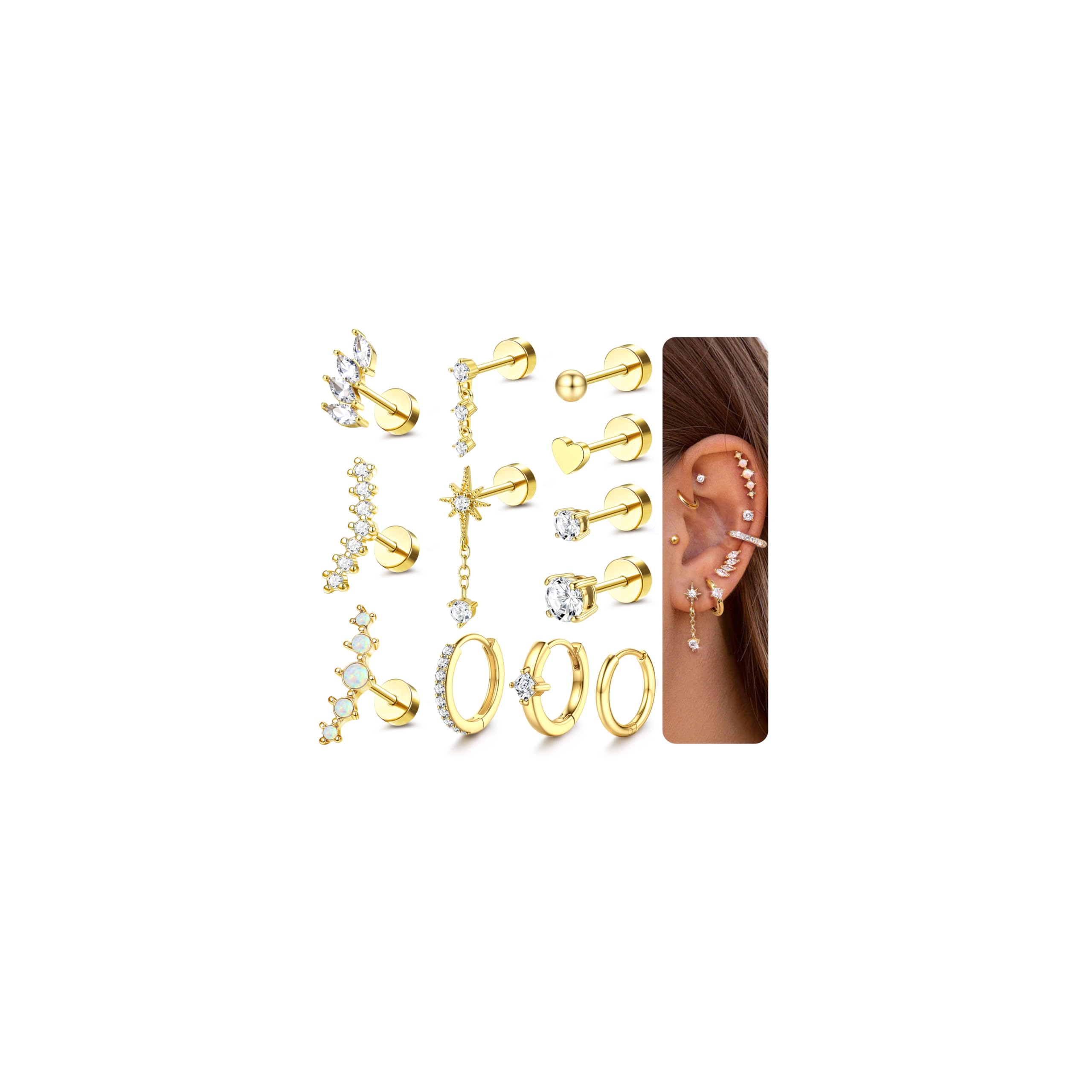 HMJGDHX 12 szt. 20G kolczyki z płaskim tyłem dla kobiet Helix Piercing biżuteria kolczyki ze stali chirurgicznej srebrne złoto małe muszla Daith przekłucie tragus biżuteria wieża Helix Hoop kolczyki