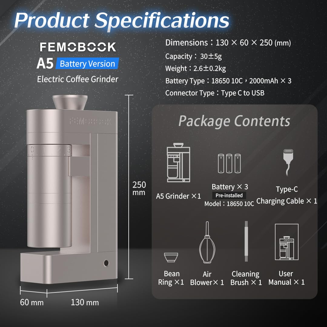 A5Molinillo de café eléctrico de muelas,versión con batería,negro | Recargable por USB, con muelas cónicas de acero inoxidable de 53 mm, para espresso y café de filtro