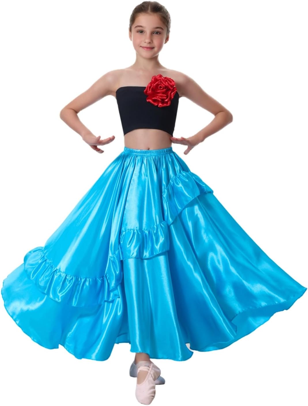 SANCAN Girls Ruffle Style Dance Skirt | Long Ankle Length for 8-12 Years Big Girls , Circle Maxi, Dance Class Practice, Dance Performance
