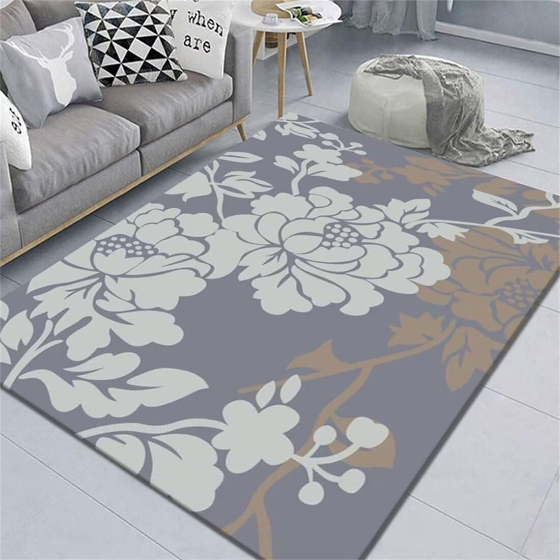 Tapis chambre à motif de feuilles gris sous un canapé ou pour lit adulte 90x150