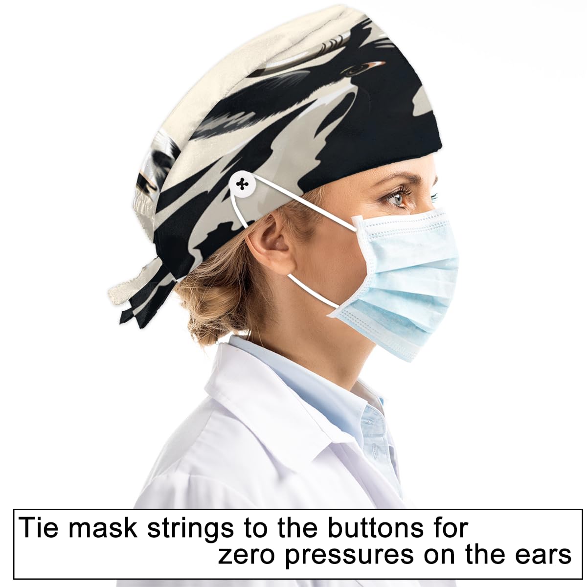 Aglebo Watercolor Cows Working Caps with Buttons Sweatband Adjustable Elastic Bouffant Surgical Caps Breathable Nurse Doctor Hat Men Women