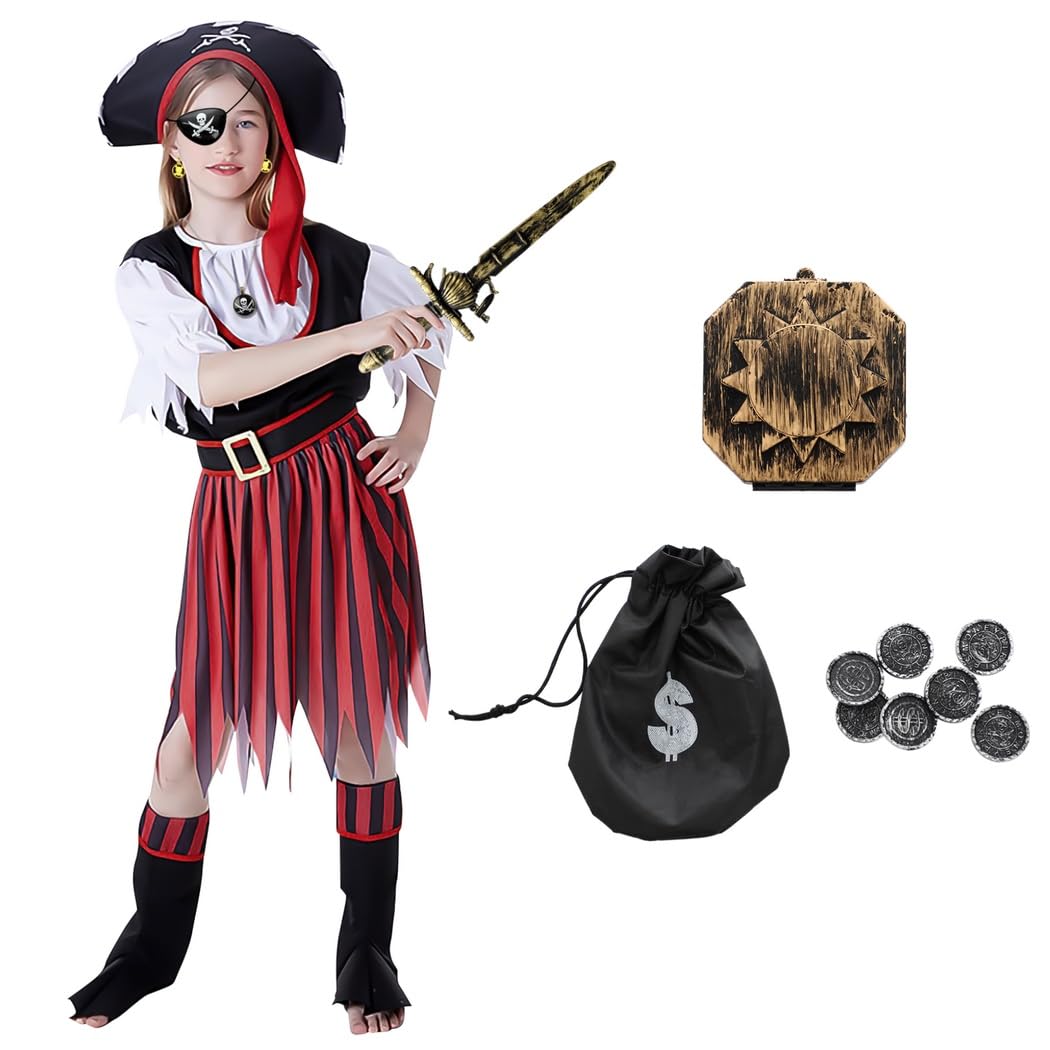 Piratenkostüm für Mädchen, Buccaneer-Verkleidungsset für Kinder, Cosplay-Piratenoutfit mit Augenklappe, Hut, Stiefelüberziehern und Accessoires, Rollenspiel-Kostüm