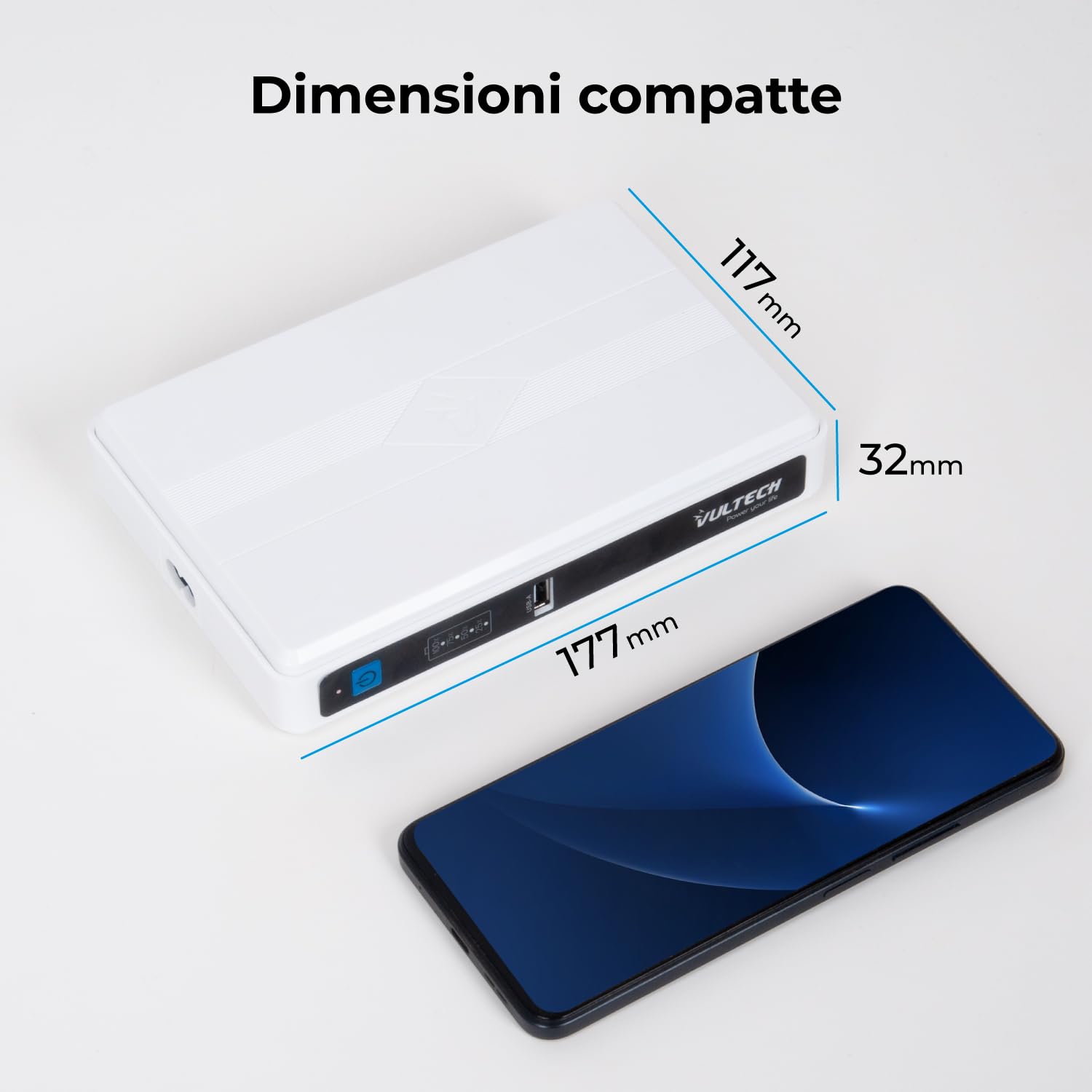 VulTech UPS60PWTC-DC Mini UPS 4350mAh 60W Gruppo di Continuità Portatile per Router Modem Telecamera Power Bank USB 2.4A Type-C PD/QC3 45W DC 12V, bianco