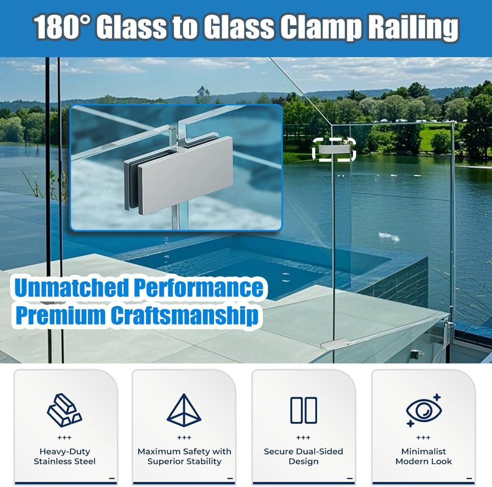 Marine Grade 304 Stainless Steel Glasss to Glass Clamp, 180° No-Drill Railing Bracket for Pool Fence, Outdoor Balustrade with EPDM Rubber Pads (Fits 8mm/10mm/12mm Glass),Silver,10to12mm