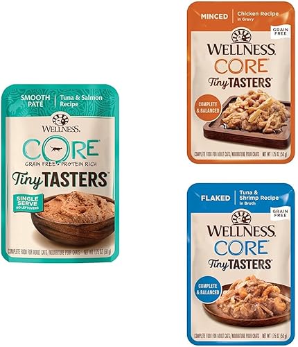 Wellness CORE Tiny Tasters - Paquete variado de alimentos húmedos para gatos, 36 unidades paté de atún y salmón + pollo picado en salsa + atún en disponible en Yaxa Colombia