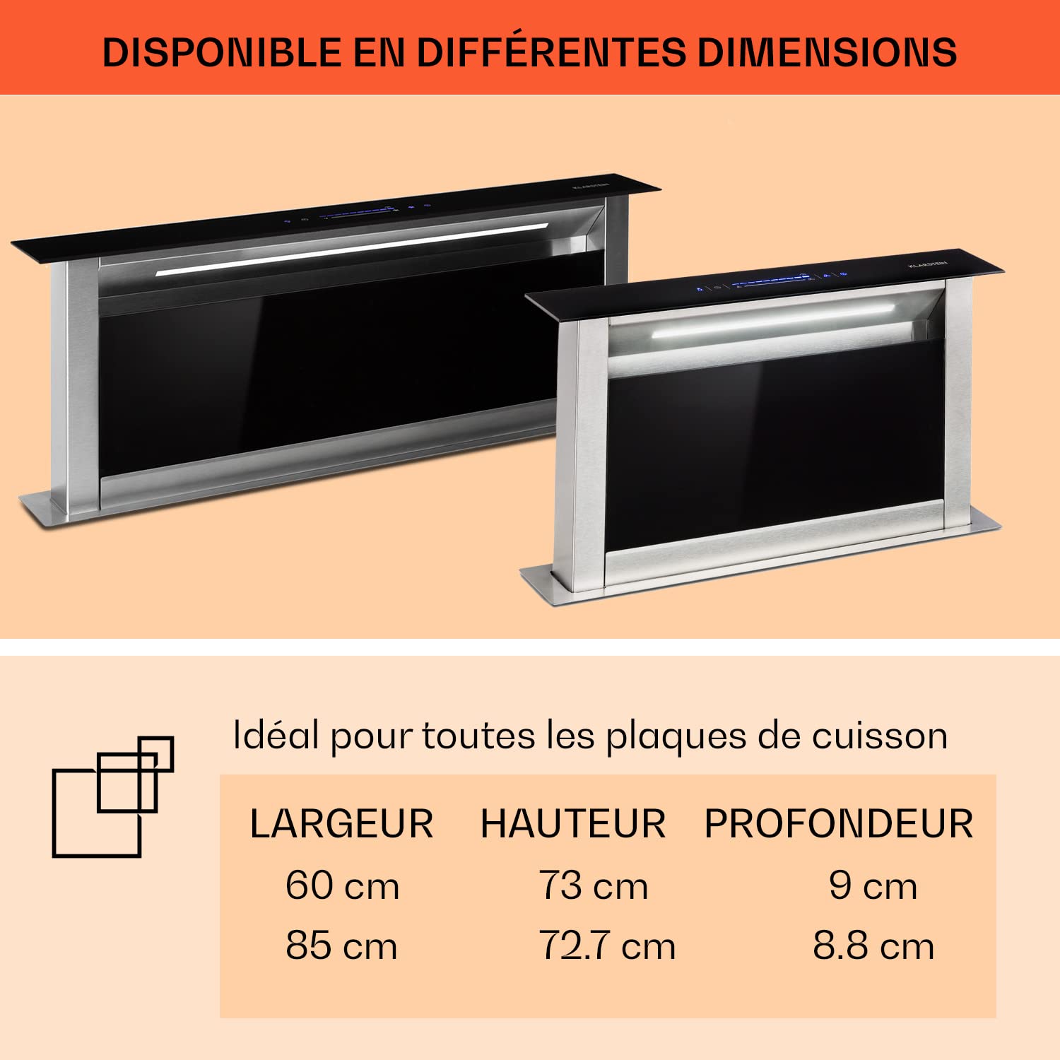 Klarstein Royal Flush Eco Hotte Aspirante 60cm - Cee A++, 604 M³/H, Faible Niveau Sonore 51 dB, Touch-To-Slide, Éclairage Led, Acier Inoxydable & Verre, Hotte Encastrable Plan De Travail