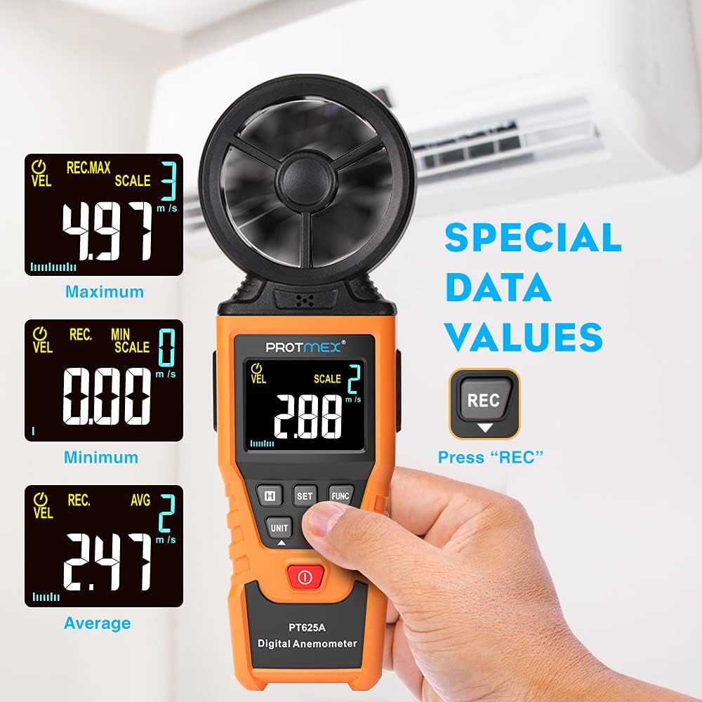 Protmex PT625A Anemometer displaying Max, Min, and Avg values