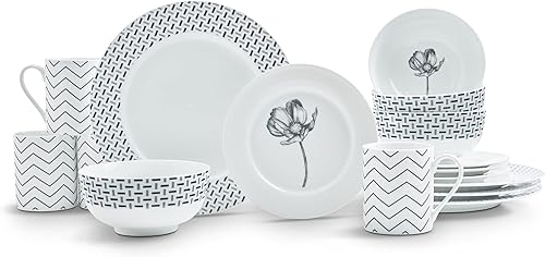 Spode Home Collection Stella - Juego de 16 piezas hecho de porcelana fina blanco y negro patrones geográficos y flores servicio para 4 apto para
