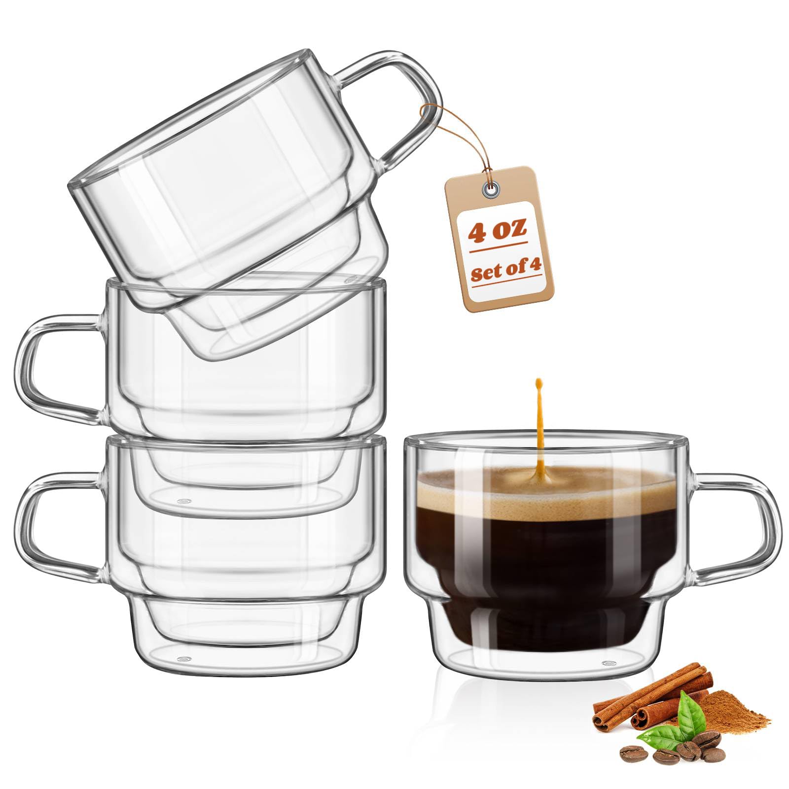 glastal 4 oz Stackable Glass Cups Espresso Cups Double Walled Espresso Glasses Set of 4, 120ml Coffee Tea Glasses Expresso Shots Cup Set for Tea, Milk, Gifts for Women Man - German Quality