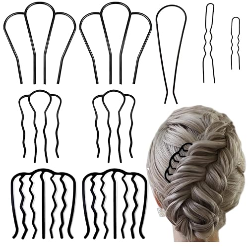 Juego de 9 peines para el cabello, peines de metal en forma de U para peinados updo, moño y vintage, color negro