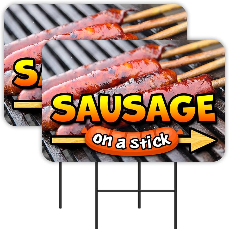 2 Pack SAUSAGE On A Stick Yard Signs 16" x 24" - Double-Sided Print, with Metal Stakes 841098116460
