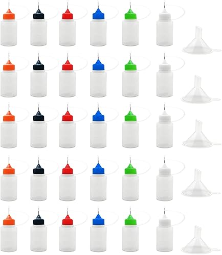 30 botellas aplicadoras de punta de precisión, botellas de pegamento translúcido de 0.5 onzas, con 5 mini embudos, tapas multicolor