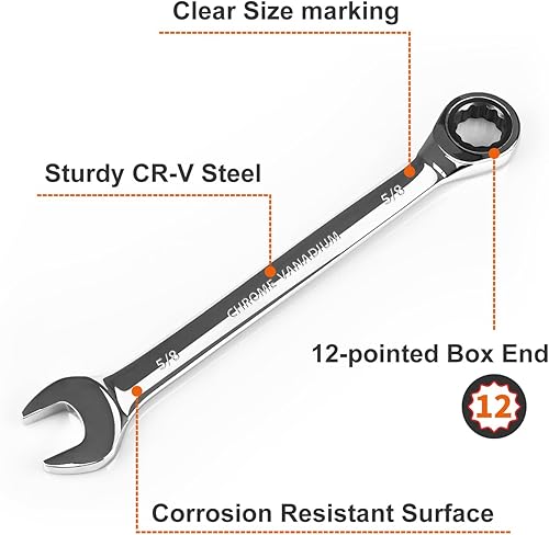 Miniatura 80 de Egofine Llave combinada de trinquete de 7/16 pulgadas SAE, llave de engranajes de grado industrial con diseño de 12 puntos, trinquete de 72 dientes