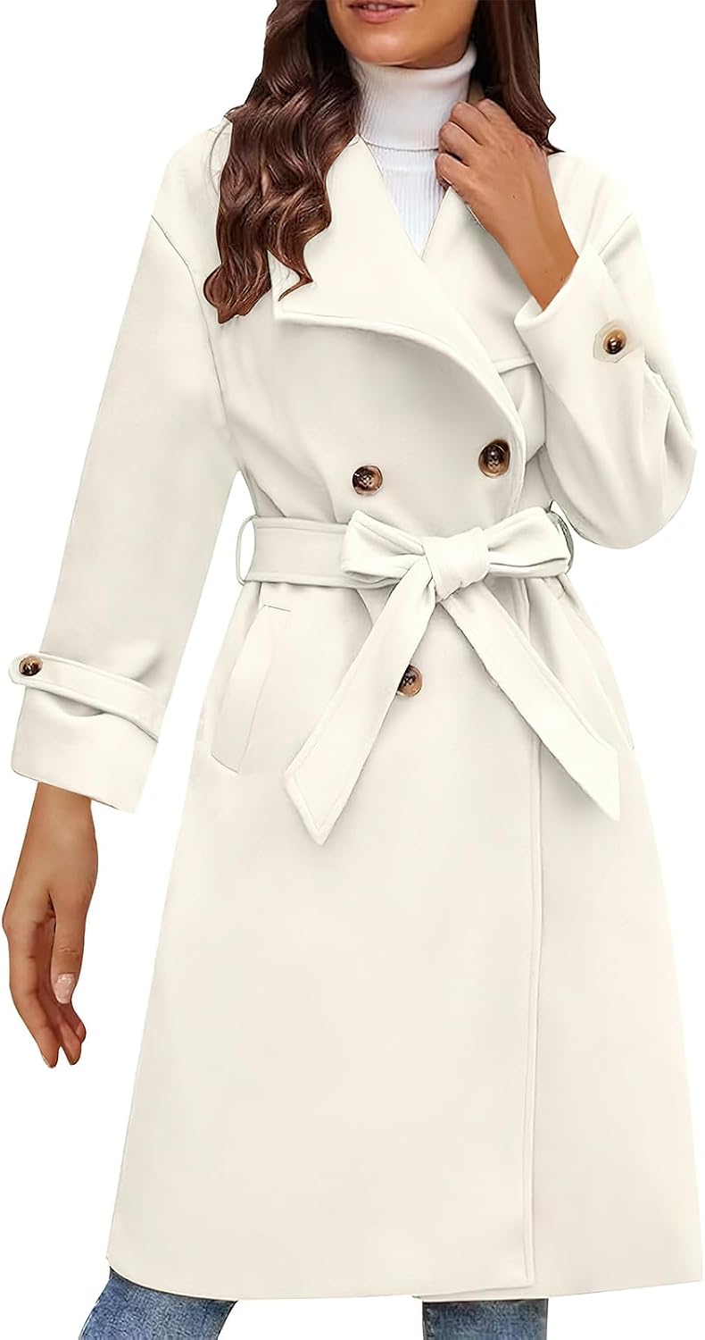 ebossy Women's Shawl Lapel Wool Blend Pea Coat Double Breasted Belted Loose Warm Winter Mid Long Overcoat