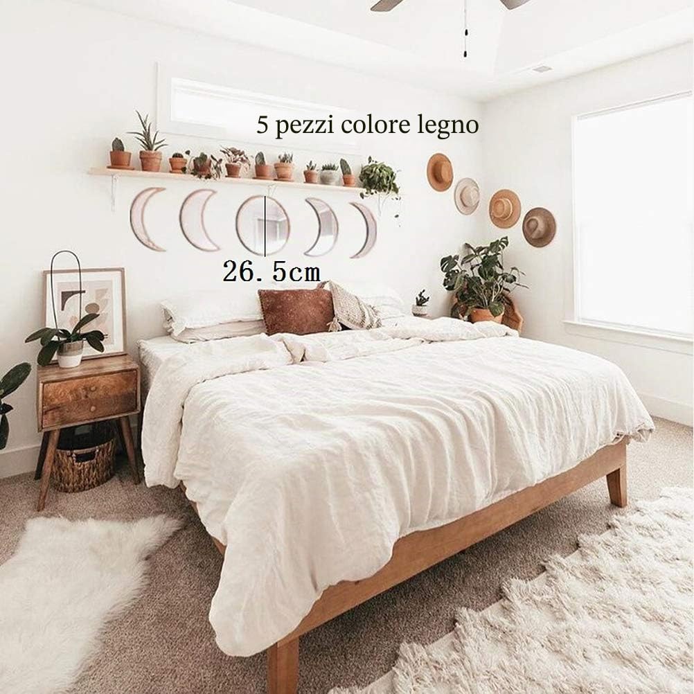 5 pezzi Decor Naturale acrilico Moonphase Specchi casa Design legno Moon Phase specchio boemo decorazione della parete