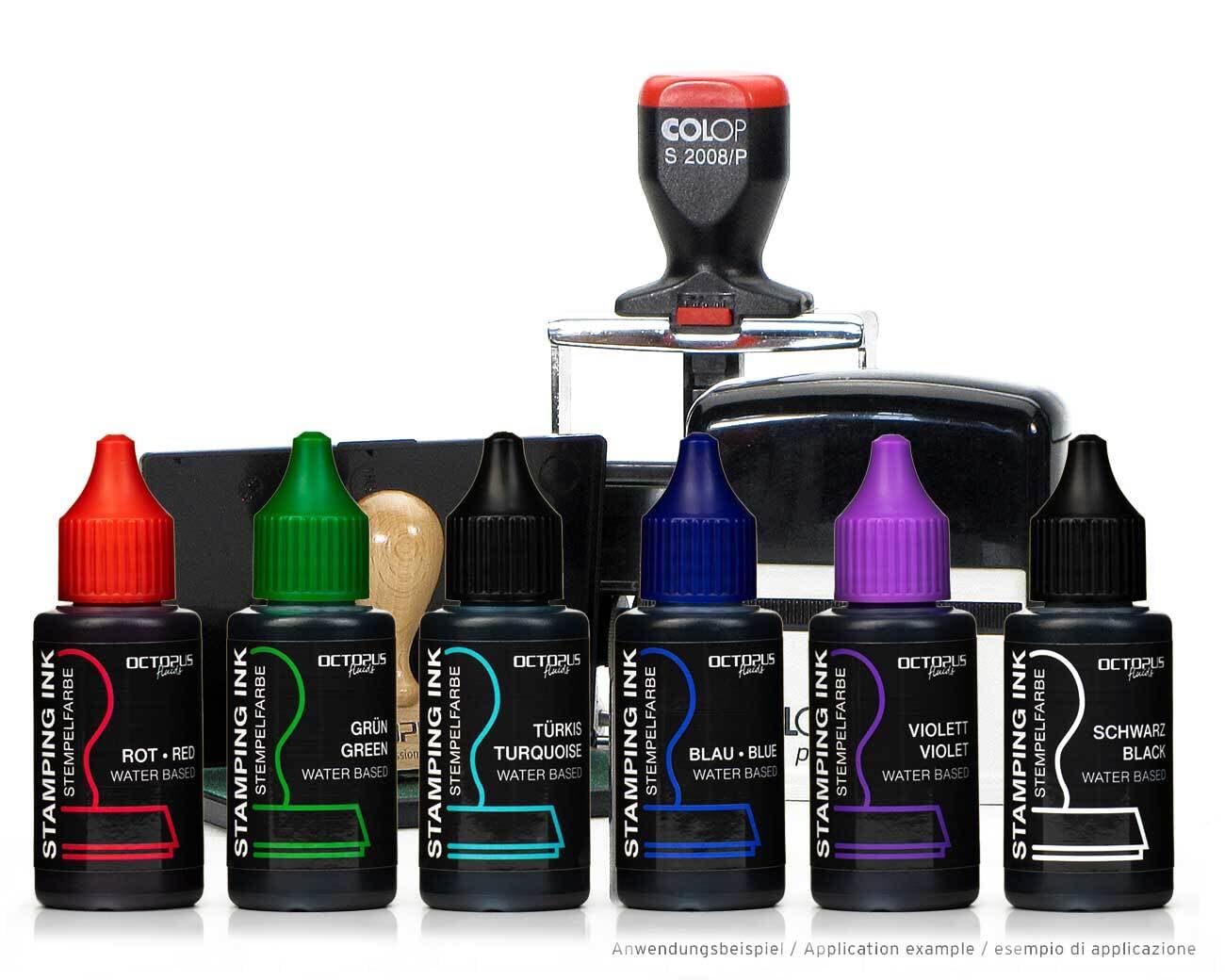 Stempeltinten 30 ml für Stempelkissen und Selbstfärber ohne Öl, Set mit Schwarz, Blau, Grün, Rot, Violett, Türkis