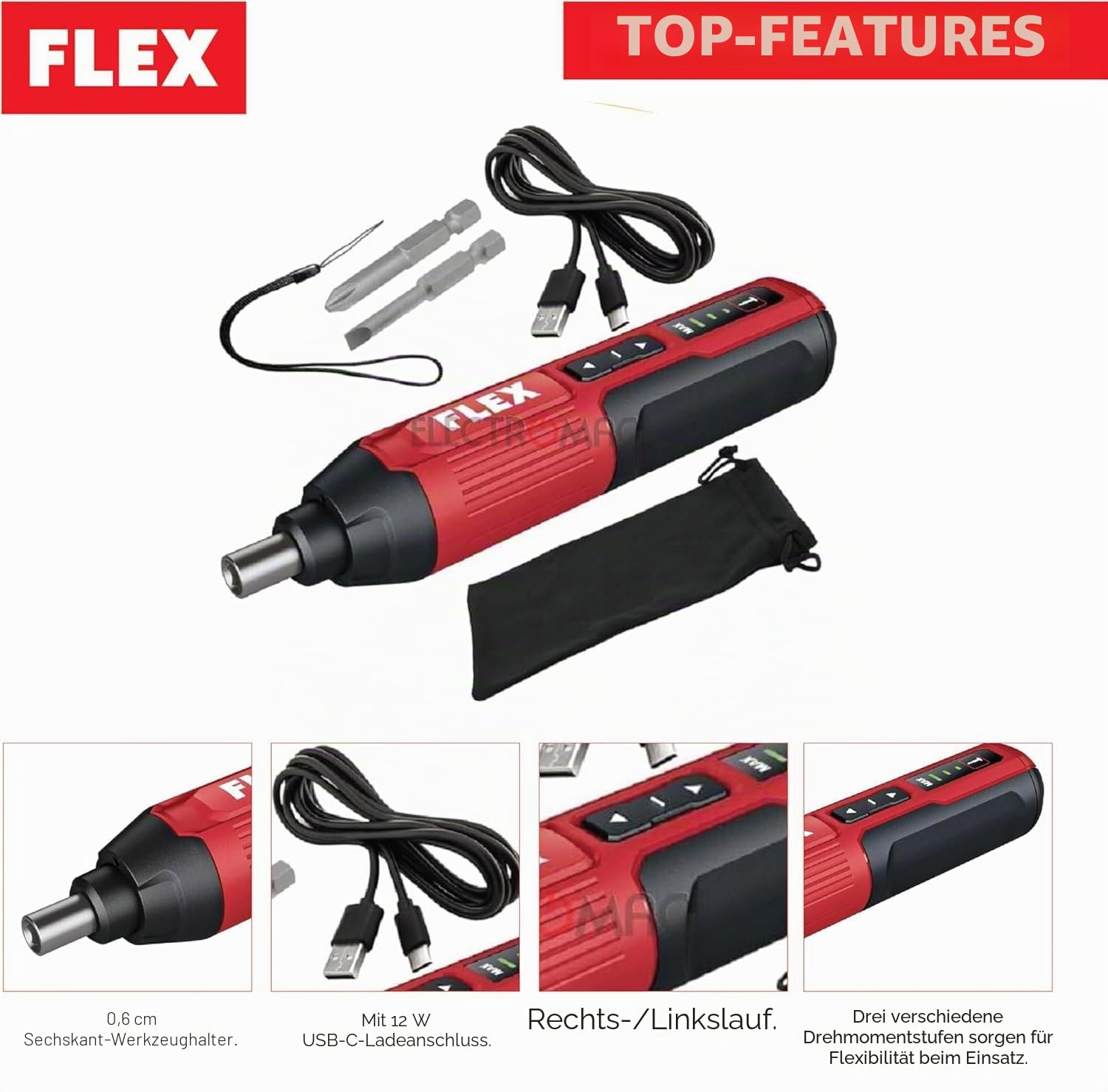FLEX SD 5-320 4 Akku-USB-Schraubendreher, 4 V Elektroschrauber im Taschenformat mit 3 Drehmomentstufen, LED-Licht und USB-Aufladung
