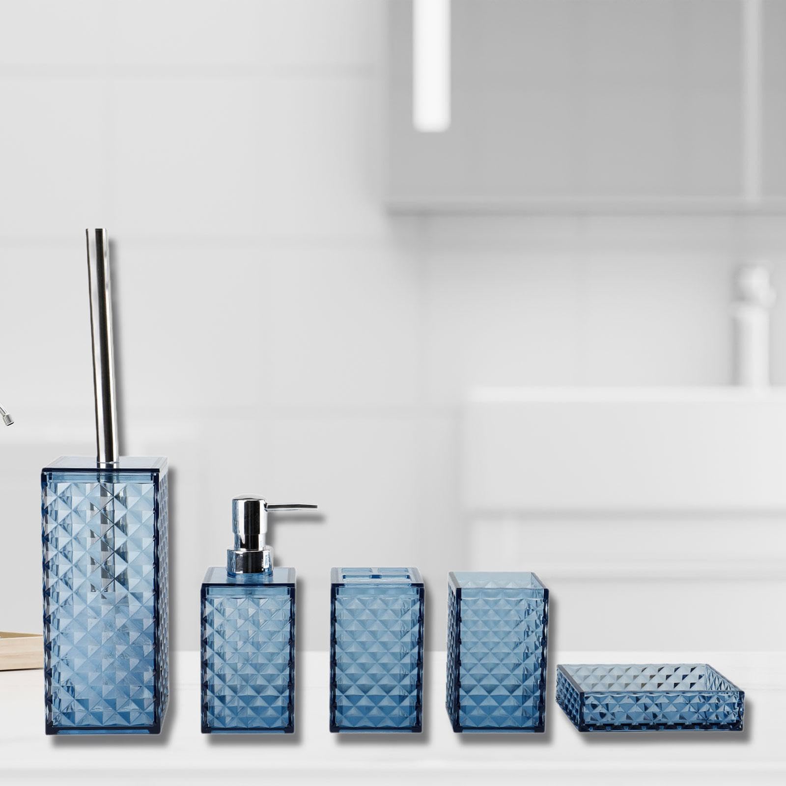 Juego de 5 Piezas: Jabonera, Dispensador de Jabón, Portacepillos de Dientes, Vaso de Baño, Accesorios de Baño, PP de Fácil Limpieza, Azul Oscuro, Individual