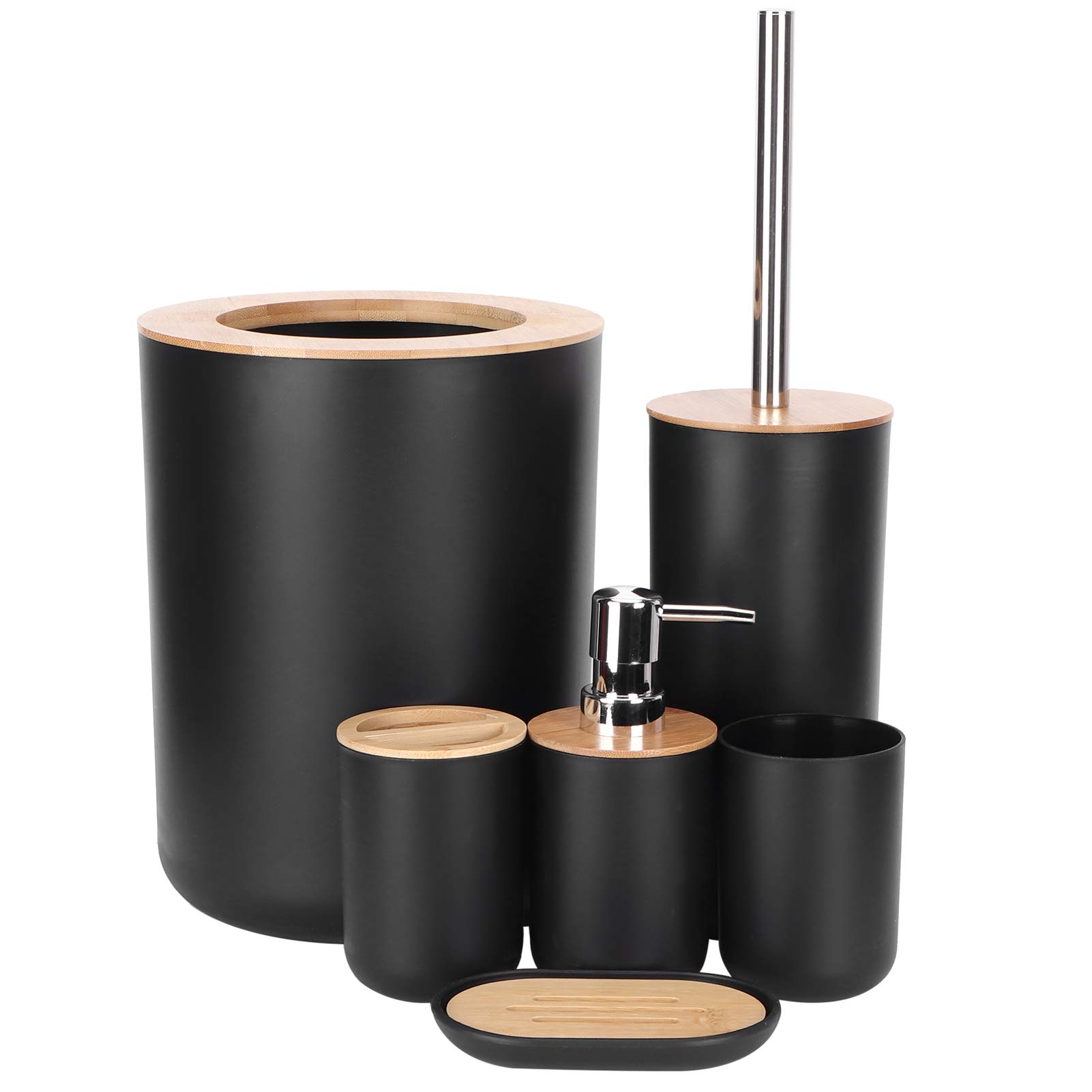 Juego de 6 accesorios de baño con soporte para cepillo de dientes, dispensador de jabón, cubo de basura y cepillo, elegante y funcional esencial para la organización del baño